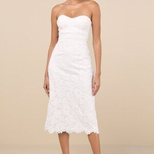 Lulu's White Lace Strapless Midi Dress
